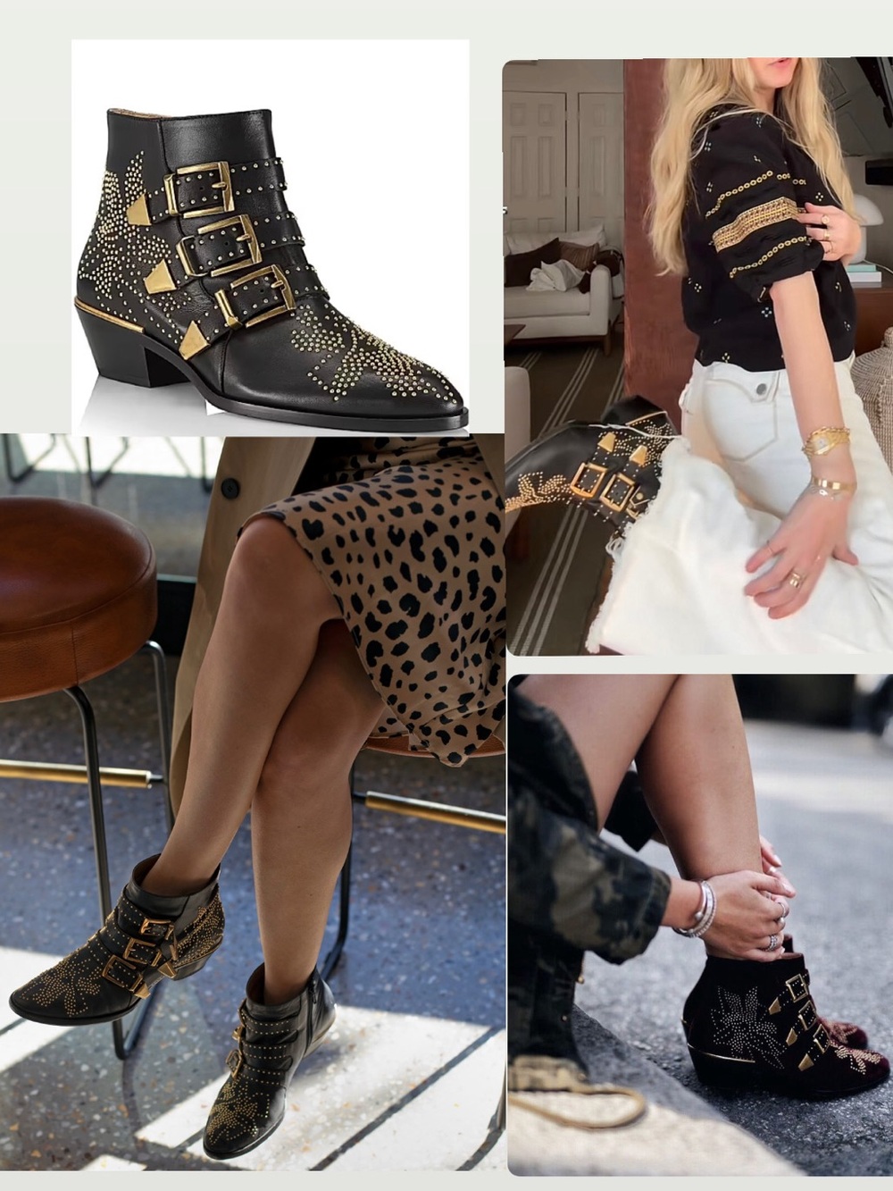 Brand New! Chloe Susanna Studded Black Leather Ankle Boots Gold Buckles